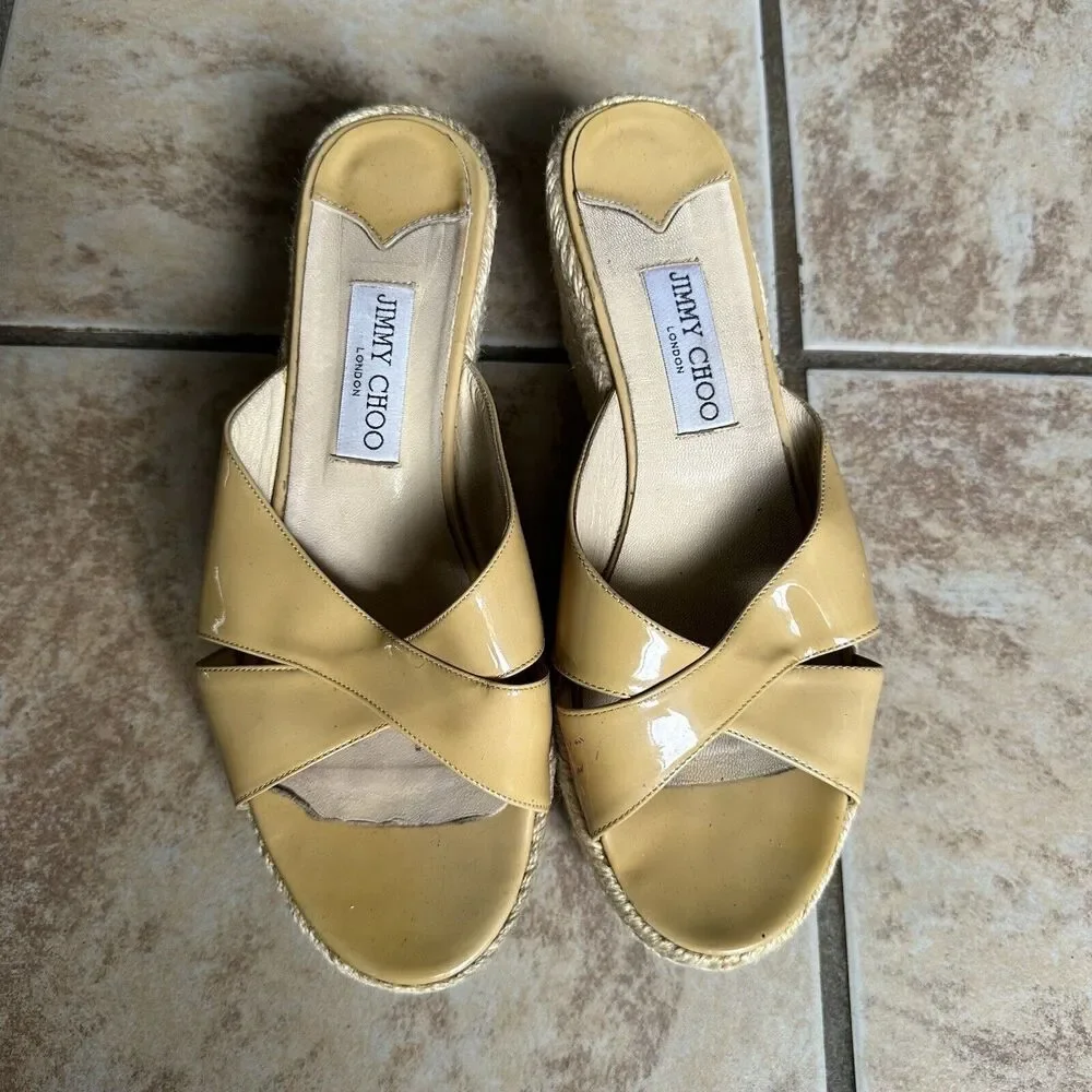 Jimmy Choo Paisley Crisscross Slide Sandal Espadrille Beige Patent Wedge Size 40
